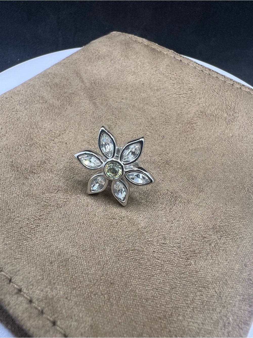 Silver Floral Crystal Brooch with Pale Yellow Center - Women Jewelry